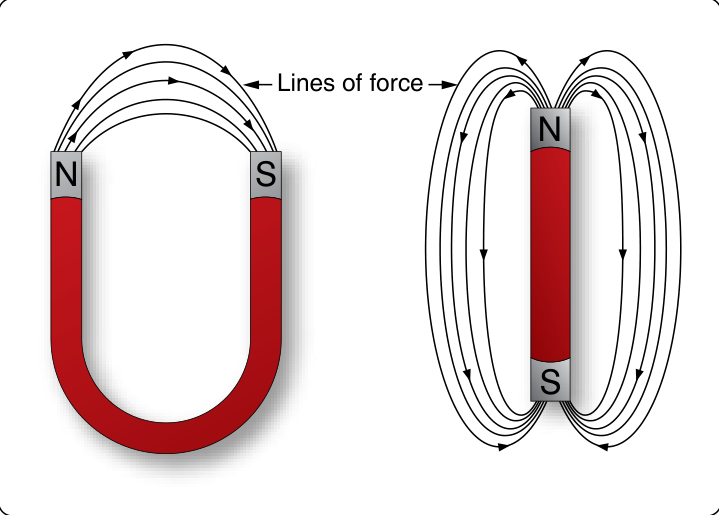 A horseshoe magnet and a bar magnet. Lines of force leave each north pole, curve around, and enter the south pole.