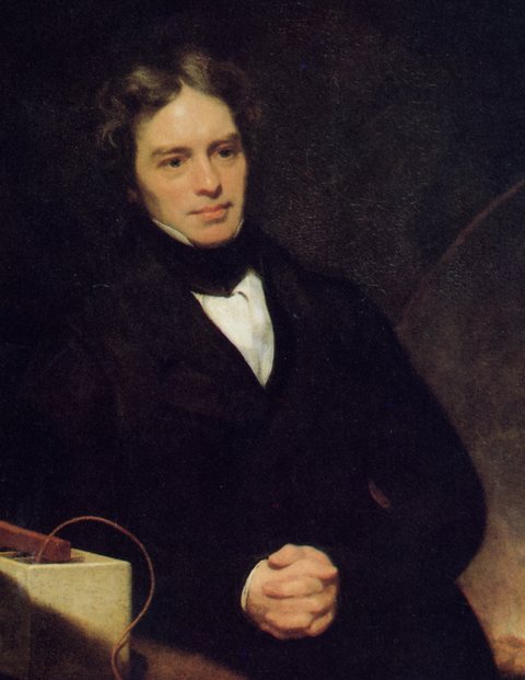 Painted portrait of Michael Faraday in a dark coat and a white collar, his hands folded, with electrical apparatus and a wire on the table beside him.