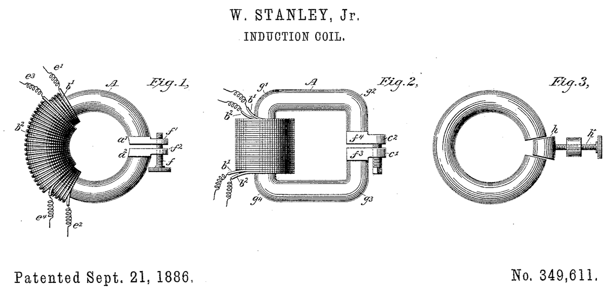 Patent line drawing titled W. Stanley Jr., Induction Coil, with three figures: a ring-shaped iron core wound with many turns of wire, a square core with one wide coil, and a plain ring core.