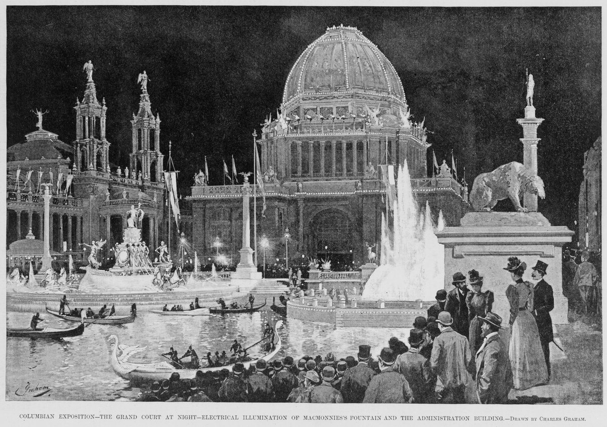 Black-and-white illustration of a grand fair court at night: a domed building outlined in rows of electric lights, glowing fountains, gondolas on a lagoon, and a crowd in top hats and long dresses.