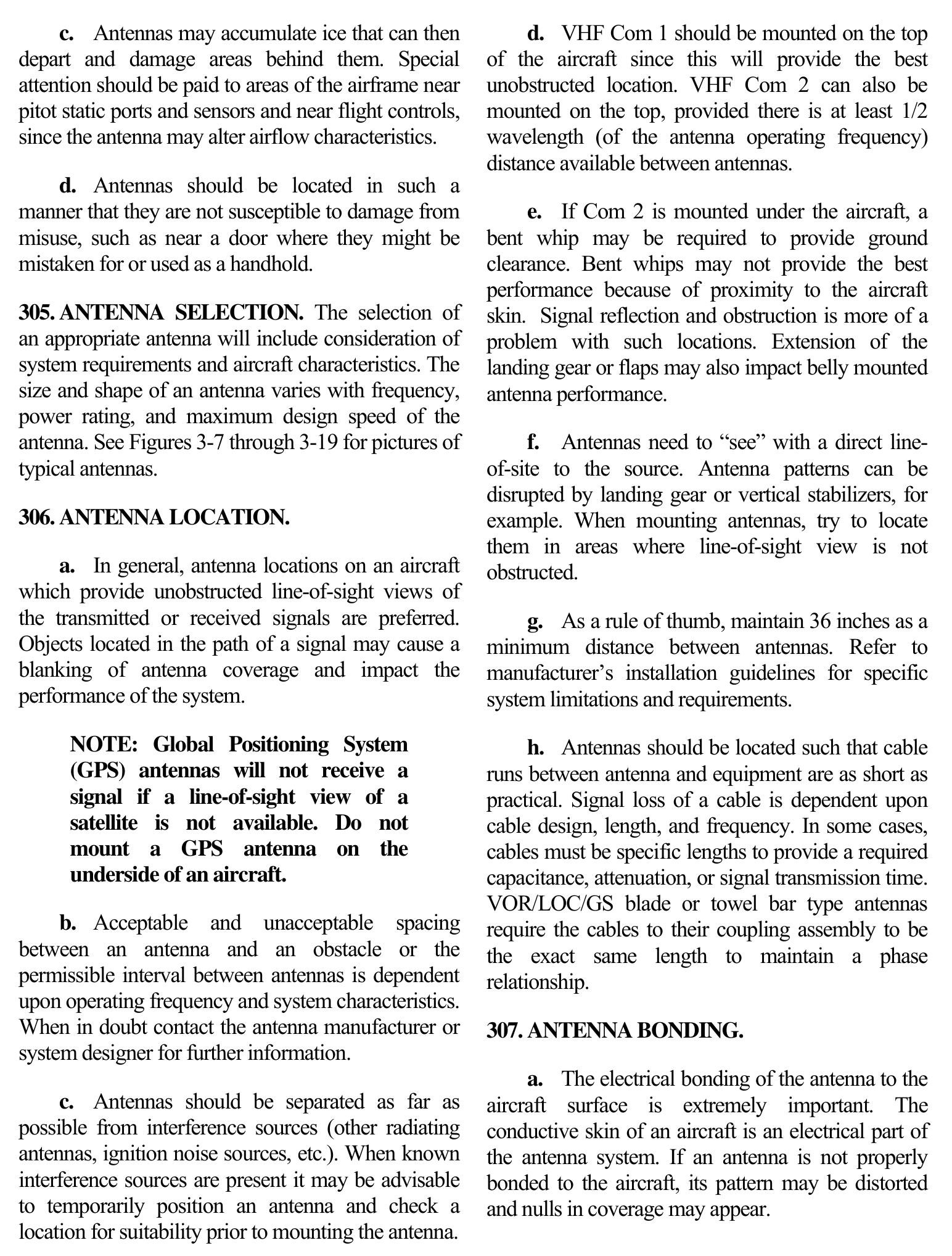 AC 43.13-2B page 25, two columns: paragraphs 304c and 304d, 305 Antenna Selection, 306 Antenna Location a through h with the GPS note, and 307 Antenna Bonding a.