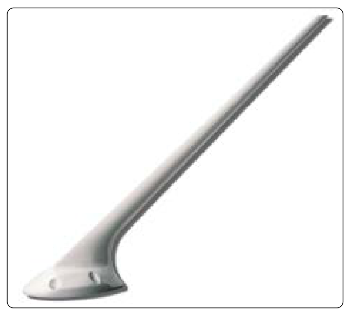 A whip antenna raked back at an angle from its base.