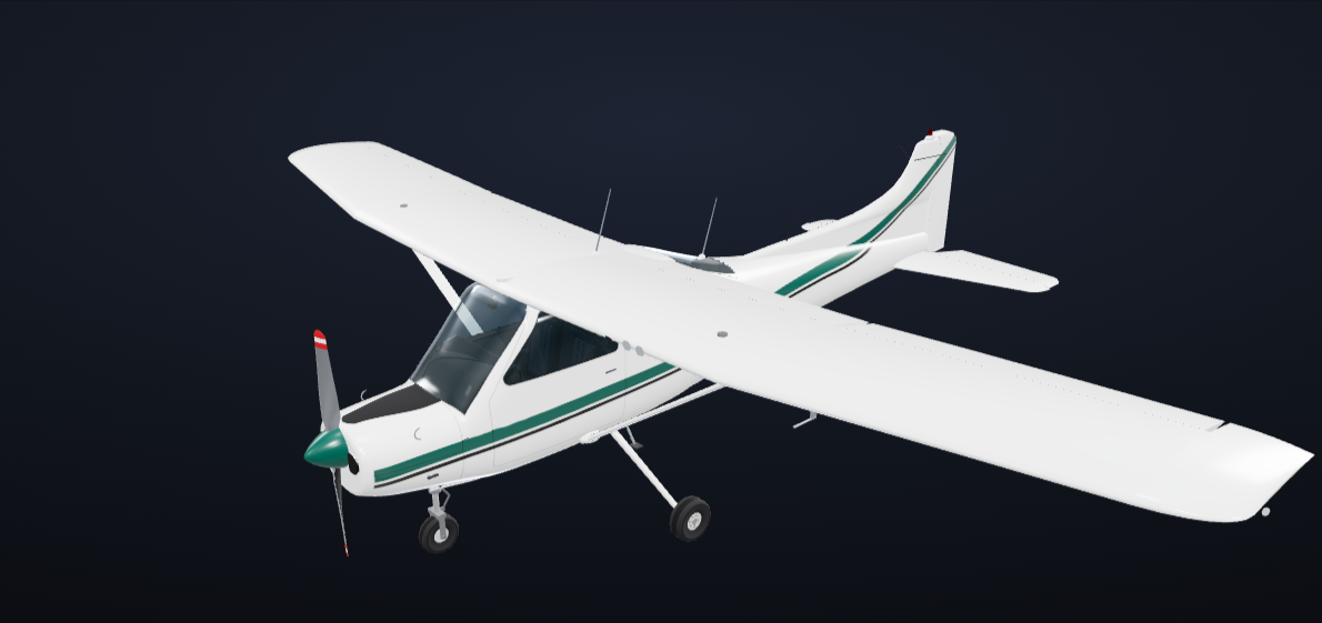 A Cessna 172 seen from the left front, with its antennas: two whips and a GPS antenna on top, a whip on the tailcone, the V-shaped VOR antenna on the fin, and three antennas on the belly.