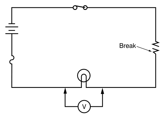 The same circuit with a voltmeter across the lamp.