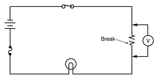 The same circuit with a voltmeter across the broken resistor.