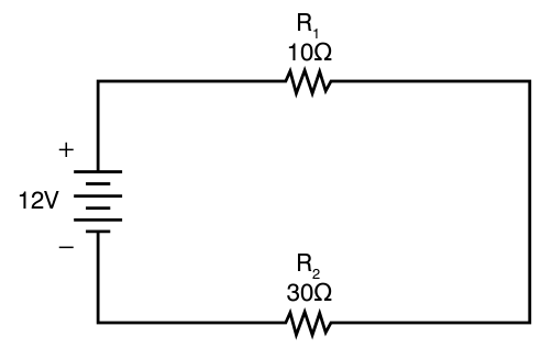 A 12 volt battery with R1, 10 ohms, on the top wire and R2, 30 ohms, on the bottom wire, in one loop.