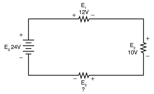 A 24 volt source in a loop with three resistors. E1 is 12 volts, E2 is 10 volts, and E3 is marked with a question mark.