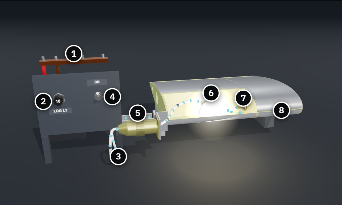 A cutaway wing with a landing light in the leading edge, wired through a connector at the wing root to a switch and circuit breaker on the panel, with a ground wire to a terminal on a wing rib. Eight parts are numbered.