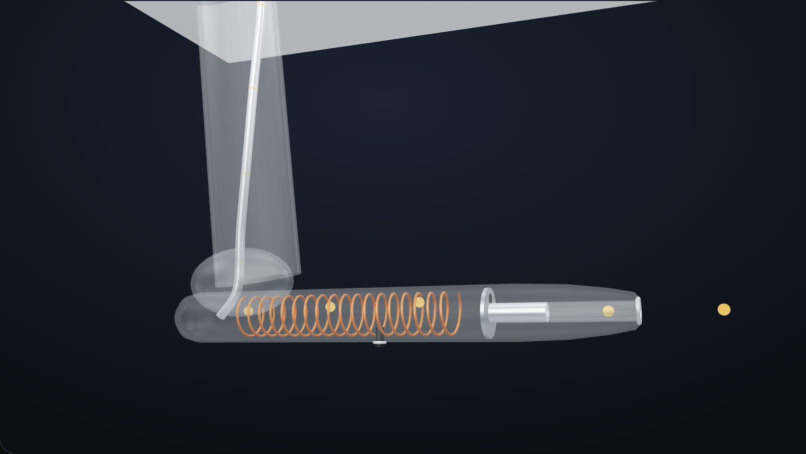 A pitot tube on its mast under a wing, drawn see-through: the opening at the front, a baffle plate inside, a drain hole underneath, a heater coil and the pitot line running up the mast.
