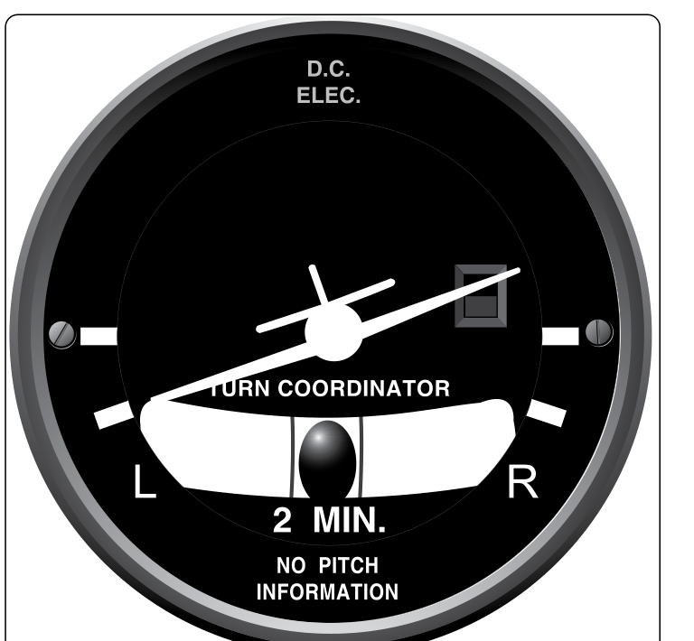 A turn coordinator face: a small airplane symbol banked left with its left wing on the lower left mark, D.C. ELEC. printed at the top, a flag window at upper right, the ball in its curved tube at the bottom, 2 MIN. and NO PITCH INFORMATION printed below.