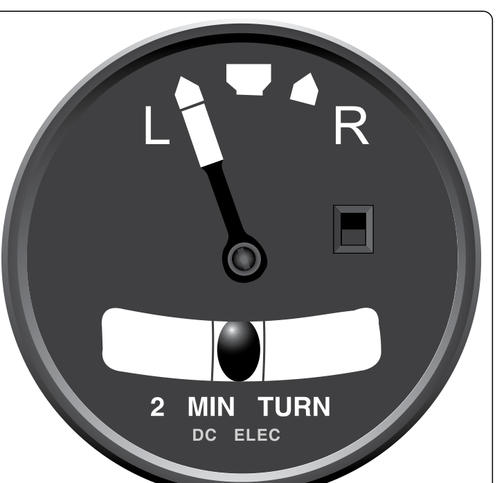 A turn-and-slip indicator face: a needle tilted left onto the left mark, marks at the top center and either side, L and R, a flag window at the right, the ball in its tube, and 2 MIN TURN and DC ELEC printed below.