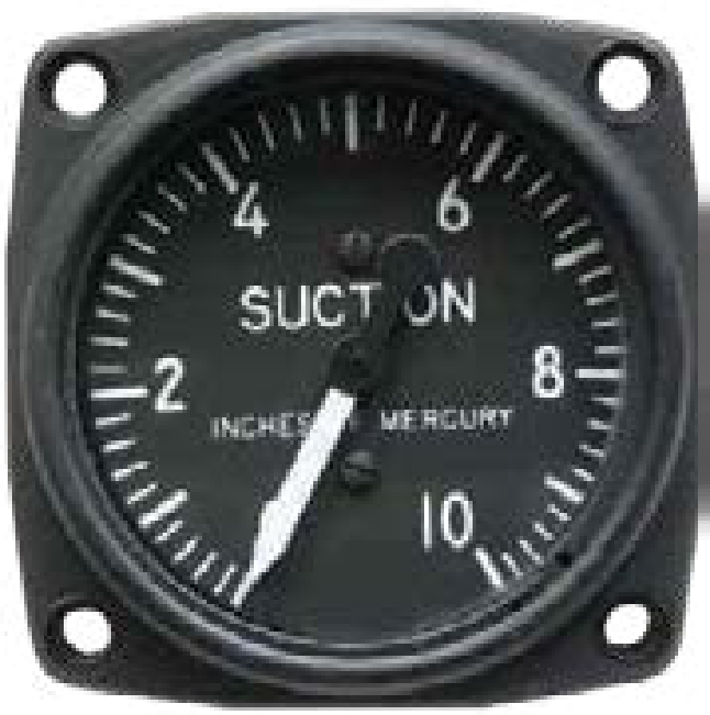 A round suction gauge marked SUCTION, INCHES OF MERCURY, with a scale from 0 to 10 and a white needle.