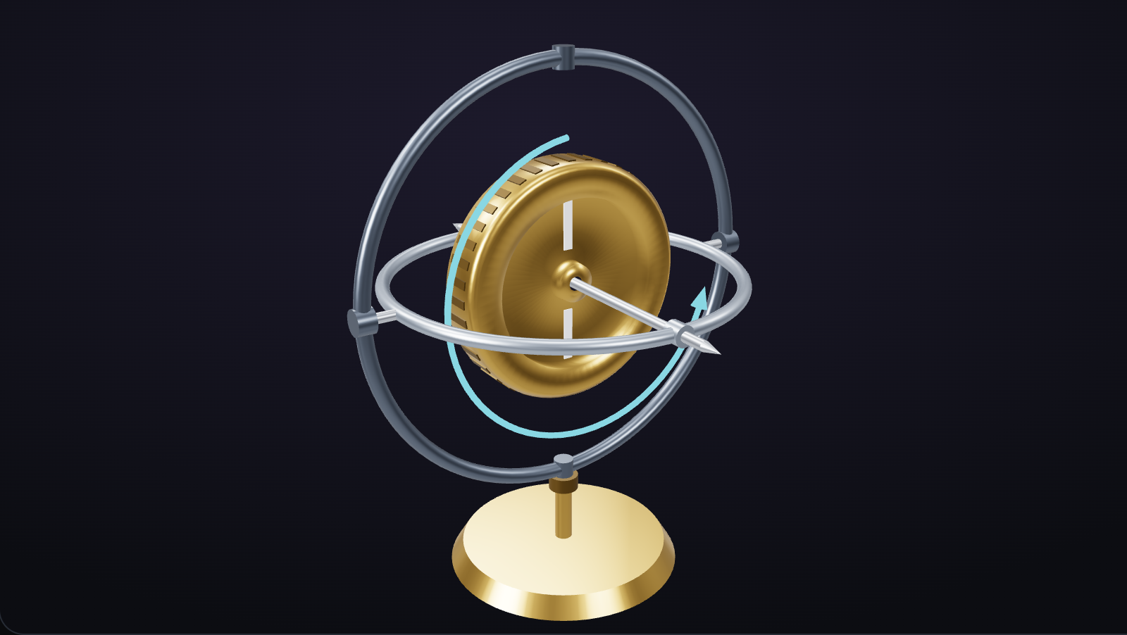 A gyro rotor standing on edge in two gimbal rings on a stand, with a cyan arrow showing the direction it spins.
