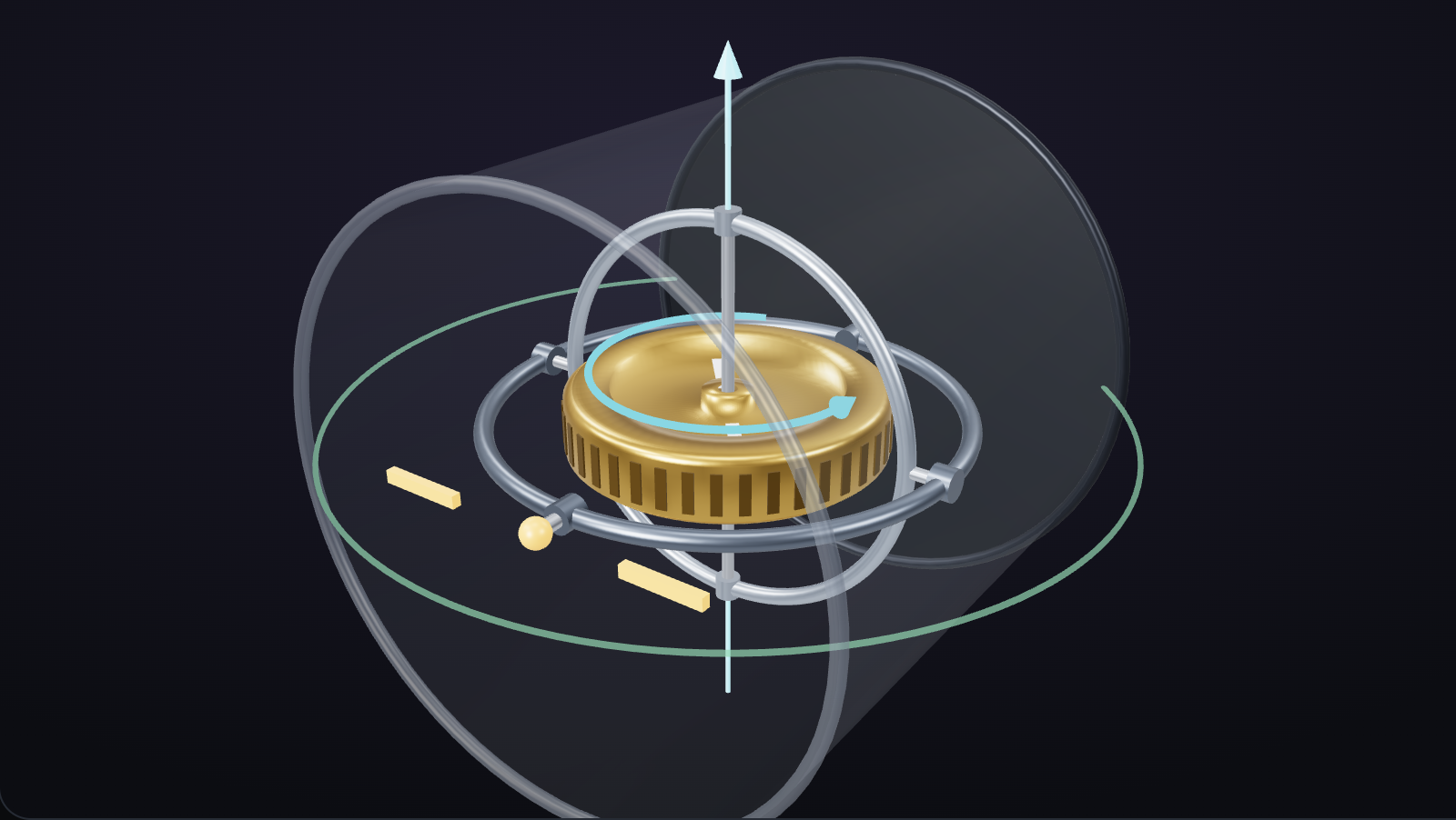 A gyro rotor spinning flat inside two gimbal rings, held in a see-through instrument case, with a faint level ring around it.