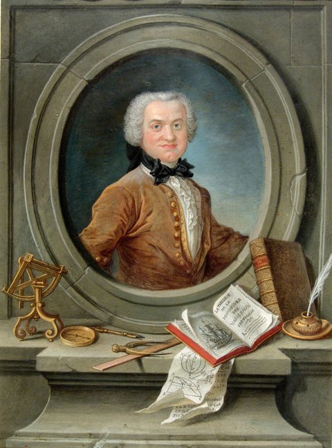 A painted portrait of Henri Pitot in a brown coat, framed in a stone oval, with a sextant, a compass and an open book on the ledge below.
