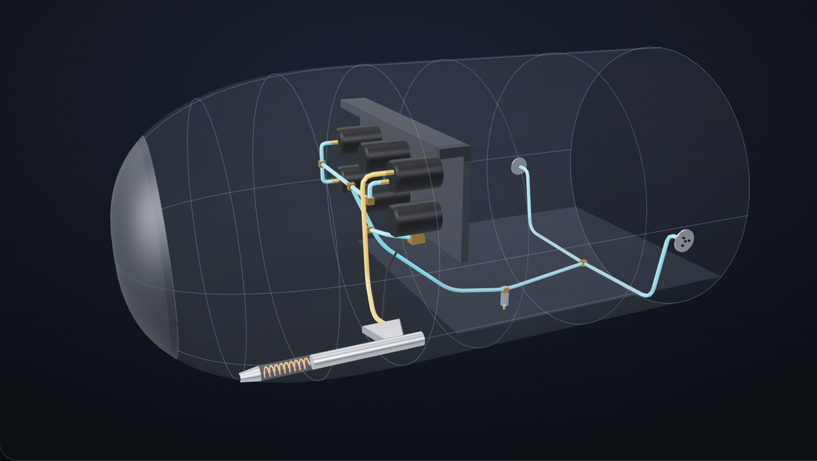 The nose of a light twin-engine airplane with a clear skin: the pitot tube on the left side of the nose, the static ports on the sides, and the amber pitot line and cyan static line running to the backs of the three instruments.