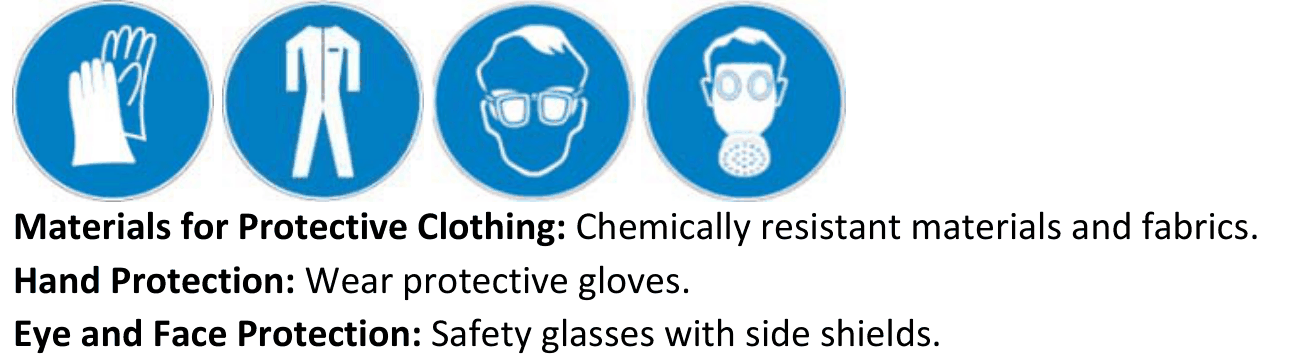 Part of Section 8 of the real sheet: four blue symbols for gloves, protective clothing, safety glasses and a respirator, then the lines Materials for Protective Clothing: Chemically resistant materials and fabrics. Hand Protection: Wear protective gloves. Eye and Face Protection: Safety glasses with side shields.