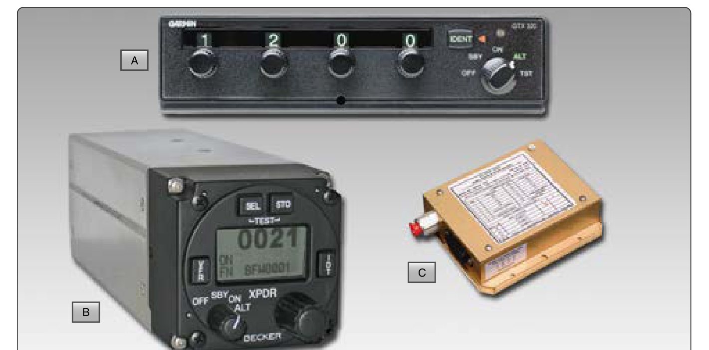 A panel-mount transponder control head showing code 1200, a round digital transponder showing code 0021, and a small gold altitude encoder box.