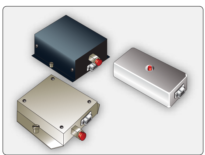 Three small altitude encoder boxes, one black, one tan and one silver, each with a red-capped pressure fitting and a D-shaped connector.