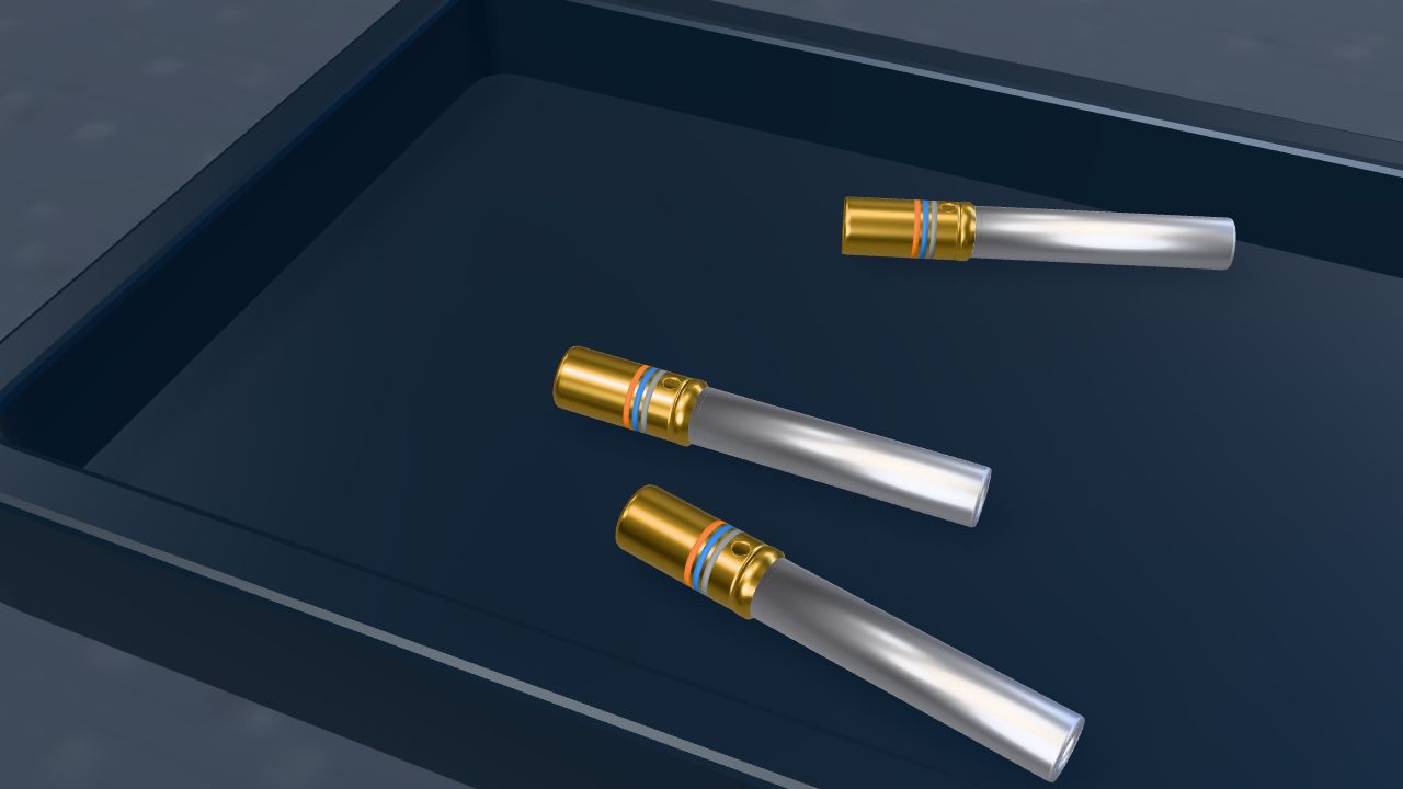 The M39029/63-368 socket contact with its orange, blue and gray bands, from the Harness Bench demonstration.